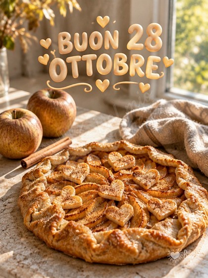 Crostata casalinga alle mele appena sfornata con luce naturale del mattino per il 28 ottobre.