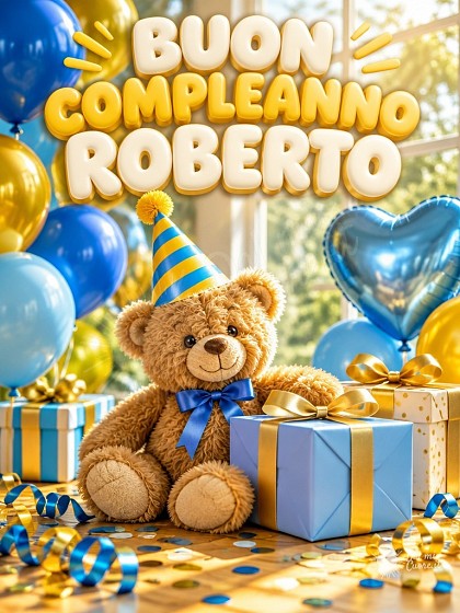 Tenero orsetto con cappellino festoso tra pacchi regalo e palloncini per il compleanno.