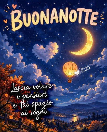Cielo notturno d'autunno con mongolfiera luminosa e una falce di luna splendente.