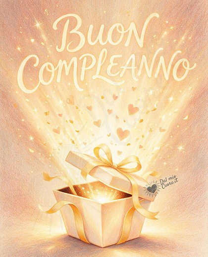 Scatola regalo semiaperta da cui escono cuori luminosi e coriandoli dorati.