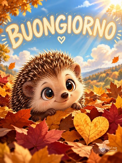 Tenero riccio tra foglie dorate d'autunno illuminato dal sole del mattino.
