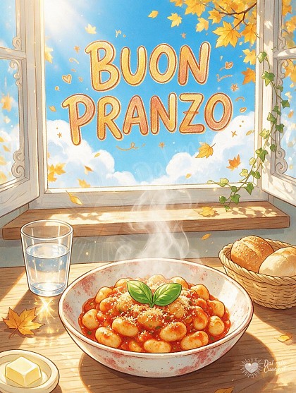 Piatto fumante di gnocchi al sugo di pomodoro vicino alla finestra per buon pranzo.