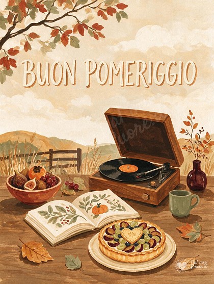 Giradischi vintage e libri aperti con luce pomeridiana per un pomeriggio rilassante.