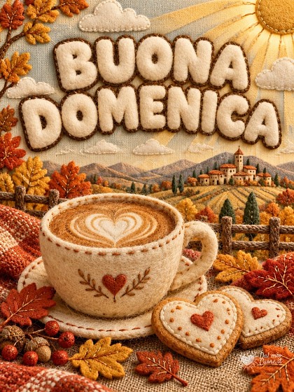 Tazza di caffè con schiuma a cuore e biscotti al sole per augurare buona domenica.