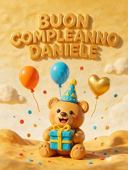 Orsetto con cappellino da festa e palloncini per il compleanno di Daniele.
