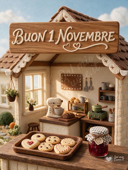 Biscotti artigianali caldi e vasetto di marmellata in una cucina rustica per il primo novembre.