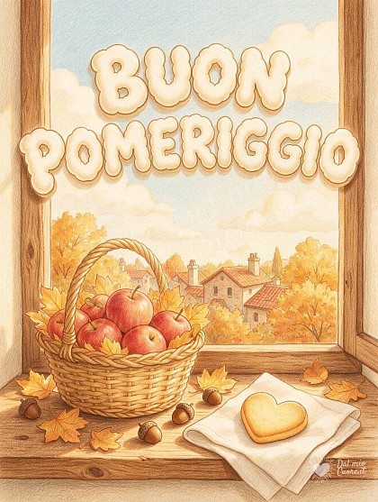 Davanzale soleggiato con cesto di mele autunnali e foglie dorate per il buon pomeriggio.