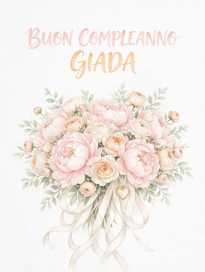 Bouquet luminoso di peonie e rose con fiocco per il compleanno.