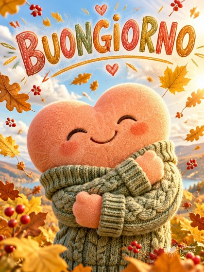 Cuore morbido con maglioncino di lana e braccia che si abbracciano tra foglie autunnali.