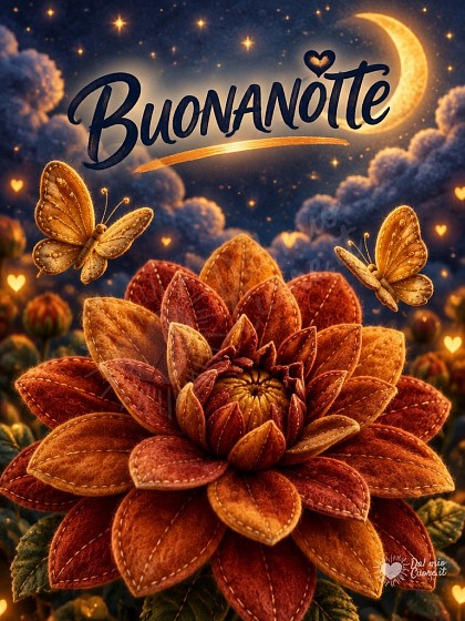 Grande fiore autunnale sotto la luna crescente con farfalle dorate che volano di notte.
