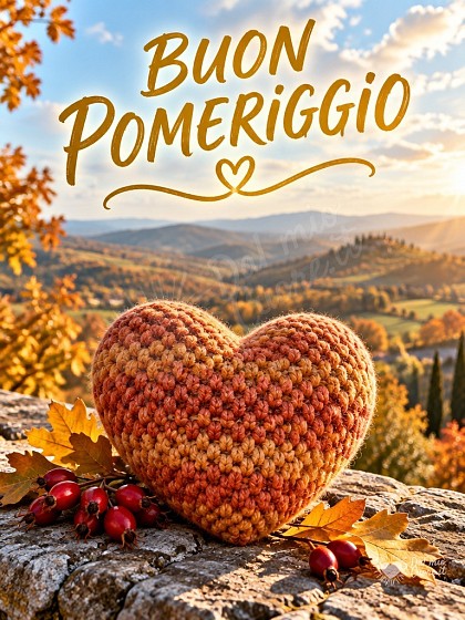 Cuore soffice in maglia di lana su un panorama autunnale per il buon pomeriggio.