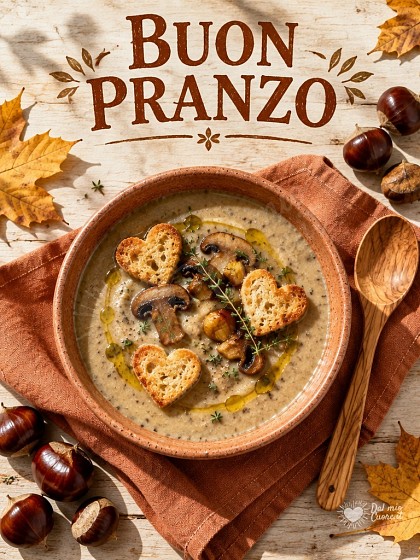 Tavola autunnale vista dall'alto con vellutata ai funghi e crostini per augurare buon pranzo.