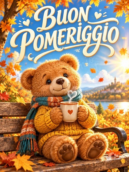 Tenero orsetto di peluche con maglioncino e tazza calda sulla panchina autunnale al sole.