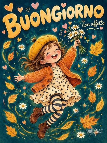 Bimba che salta felice tra foglie autunnali con mazzolino di margherite per il buongiorno.