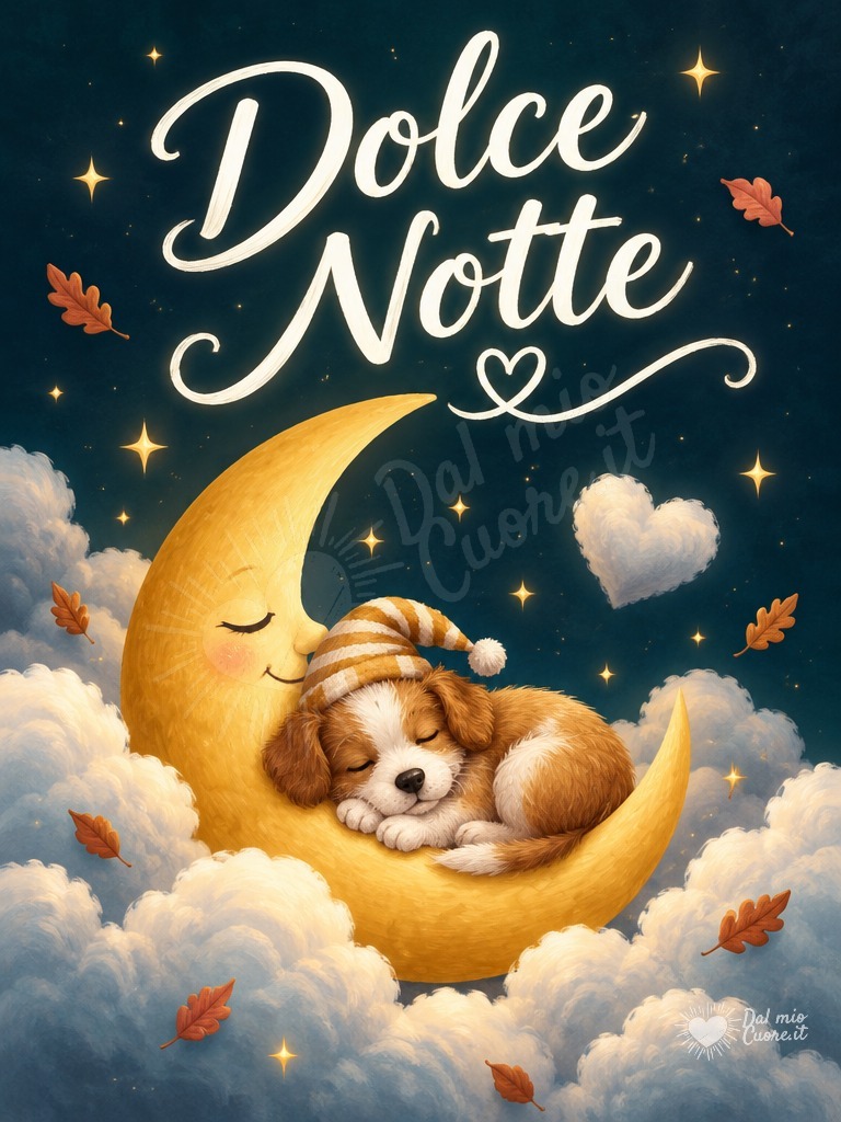 Buonanotte con cucciolo addormentato sulla luna e stelle