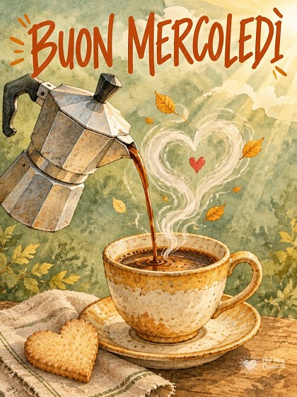 Caffettiera moka che versa il caffè nella tazza per augurare buon mercoledì.