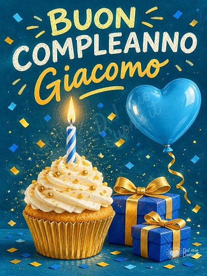 Dolce con candelina accesa, pacchetti regalo e palloncini per il compleanno di Giacomo.