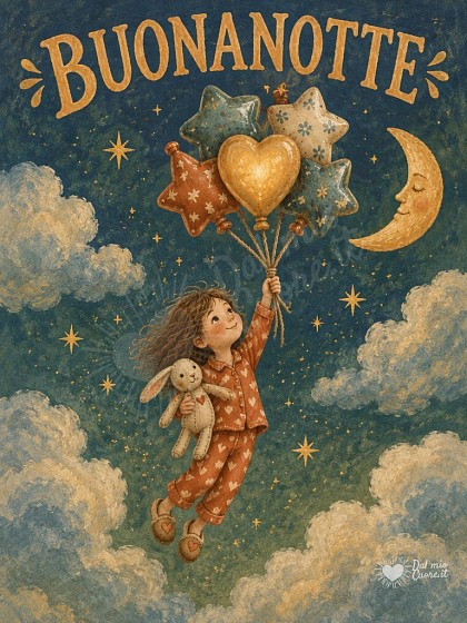 Bambino in pigiama che vola con palloncini a cuore nel cielo notturno sereno.