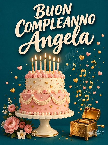 Torta decorata con candeline accese coriandoli e note musicali per il compleanno di Angela.