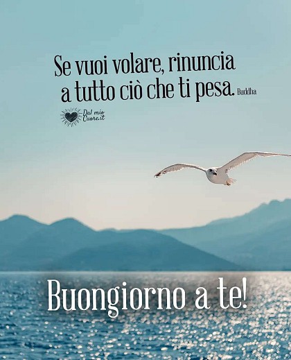 Meraviglioso paesaggio costiero con mare calmo, cielo aperto e la citazione Se vuoi volare, rinuncia a tutto ciò che ti pesa. Buongiorno a te!