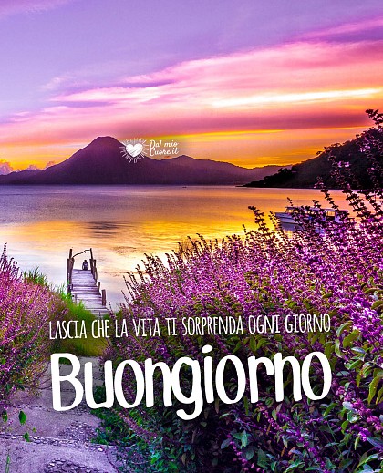 Panorama suggestivo con cielo colorato dall'alba e riflessi dorati con la frase Lascia che la vita ti sorprenda ogni giorno. Buongiorno.