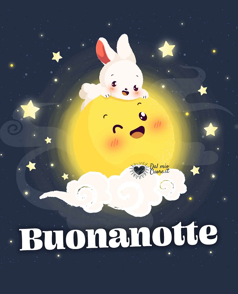 Immagine Buonanotte Tenera con Coniglietto e Luna Piena Sorridente