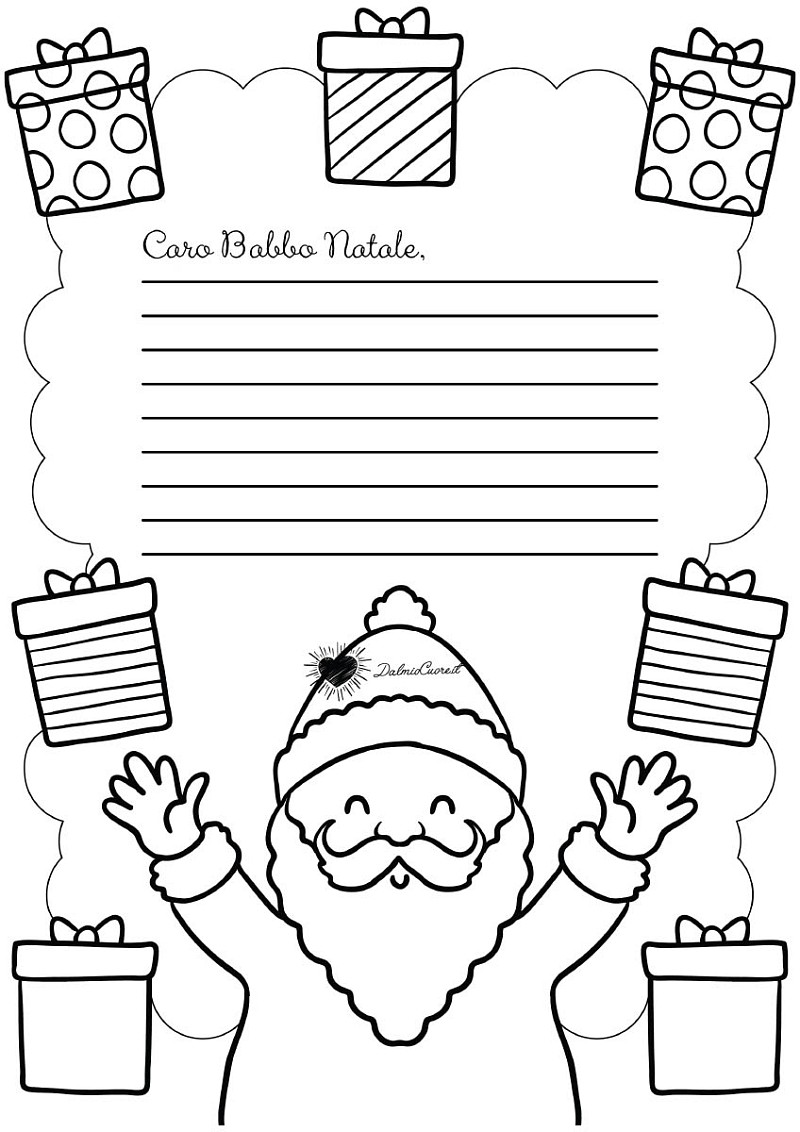 Lettera per Babbo Natale da Colorare con pacchetti regalo