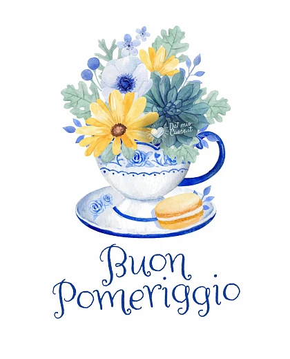 Buon Pomeriggio con fiori in una tazzina da tè