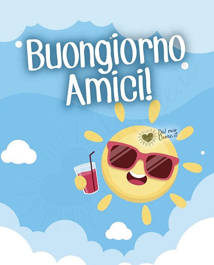 Illustrazione vivace di un sole estivo con occhiali e bibita tropicale che sorride con il testo Buongiorno Amici!