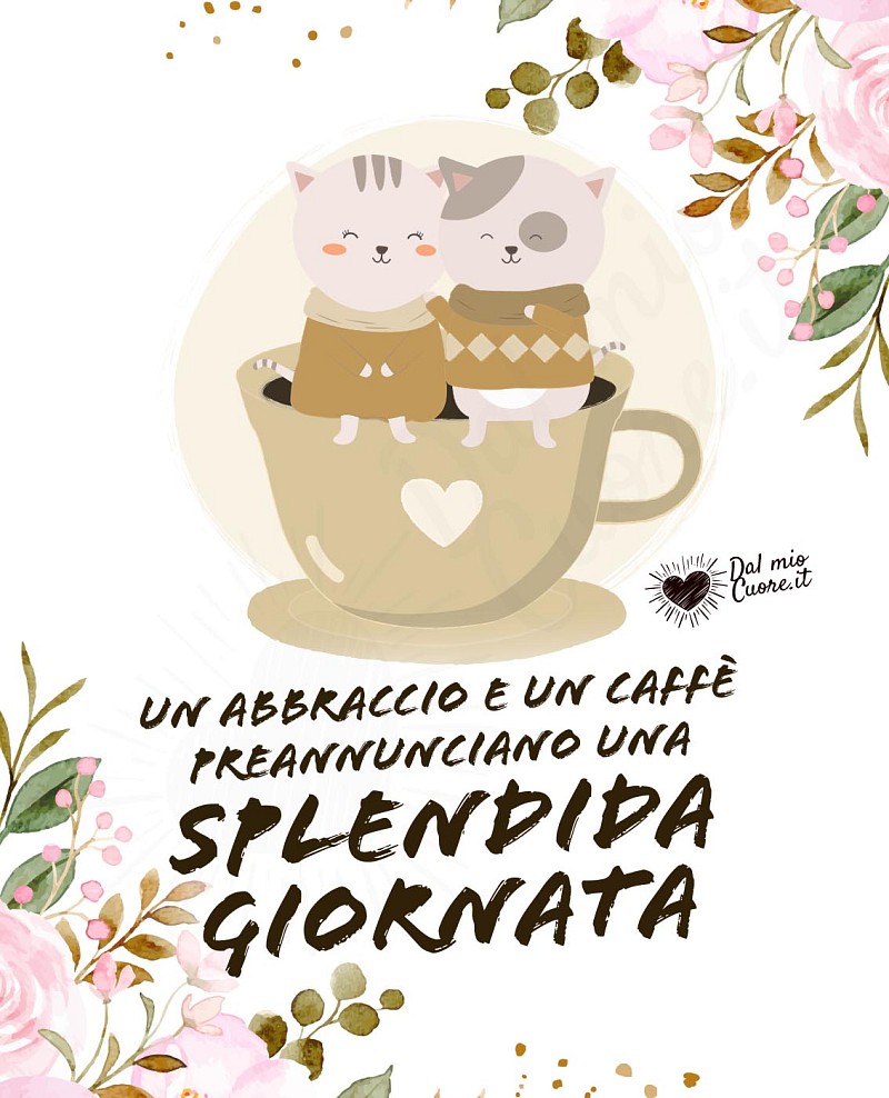 Un abbraccio e un caffè preannunciano una Splendida giornata (imm buongiorno con gattini)
