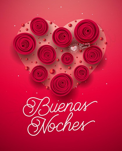 Buenas noches románticas con un corazón hecho de rosas
