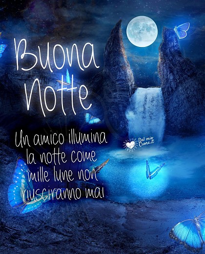 Un cielo notturno stellato illuminato da una grande luna luminosa con la scritta Un amico illumina la notte come mille lune non riusciranno mai. Buonanotte.