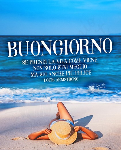 Atmosfera rilassante con note musicali e luce calda del mattino con la frase di saggezza sul prendere la vita come viene, augurando buongiorno.