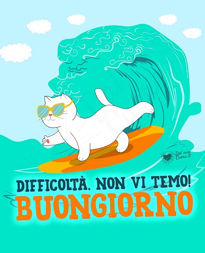 Simpatico gattino con fascia sportiva e posa grintosa che sorride con il testo Difficoltà non vi temo. Buongiorno a chi non molla mai.