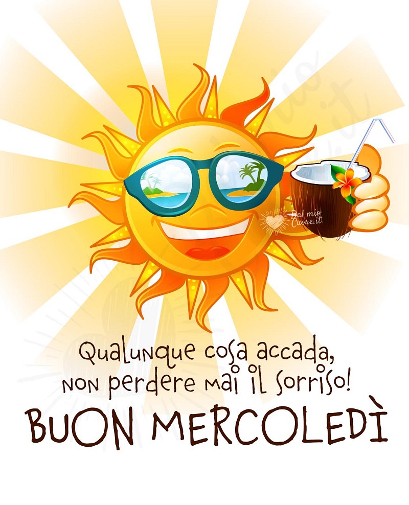Buon mercoledì con sole sorridente e frase sulla felicità