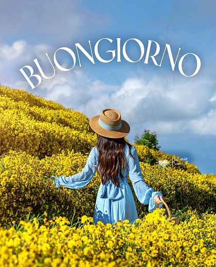 Buongiorno con ragazza tra i fiori