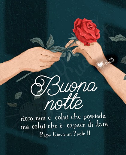 Ricco non è colui che possiede, ma colui che è capace di dare. Buonanotte con frase e rosa