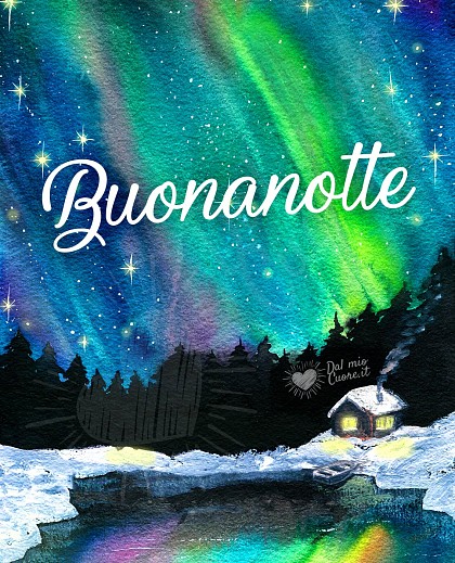 Buonanotte invernale con aurora boreale e neve