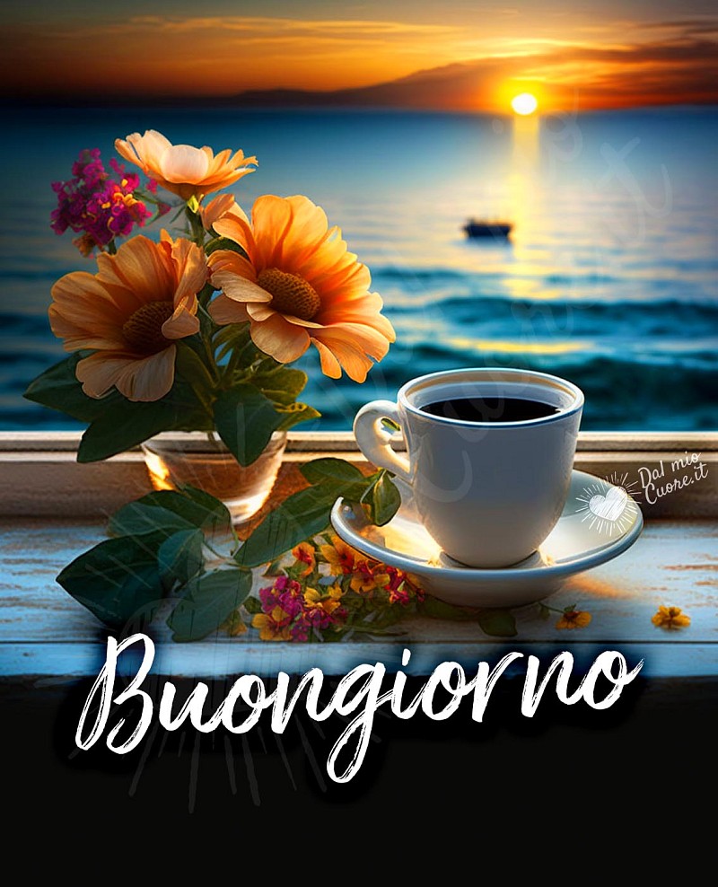 Buongiorno con caffè, fiori e alba sul mare