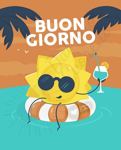 Allegra illustrazione di un sole tondo con salvagente che galleggia sulle onde del mare e la scritta Buon giorno estivo con sole al mare.